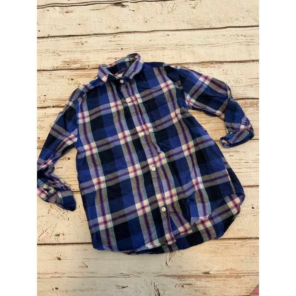 Old Navy Girls Blue Plaid Flannel Shirt Long Sleeve Button Down Size S 6-7